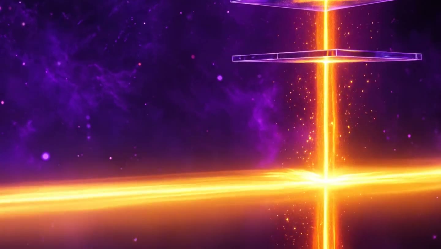 The final frame of this site's scroll film: an amber stream of light settling into a glowing line