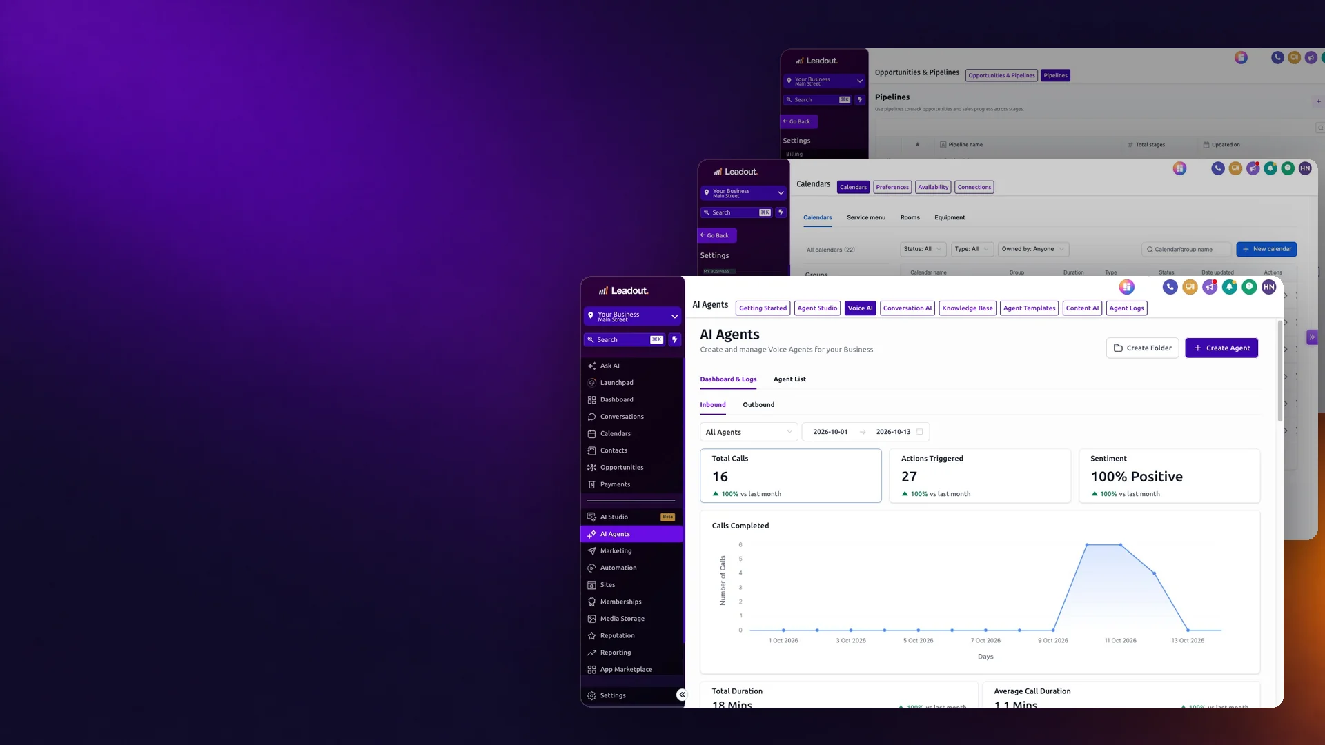The Leadout platform: conversations, booking calendars and call results stacked on one screen